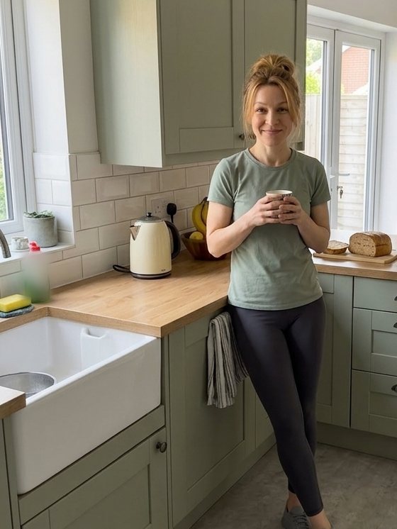 Claire leaning on her kitchen worktop with a mug of tea