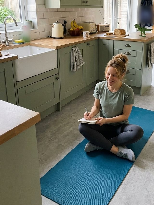 Claire sitting cross-legged on a yoga mat writing in a notebook
