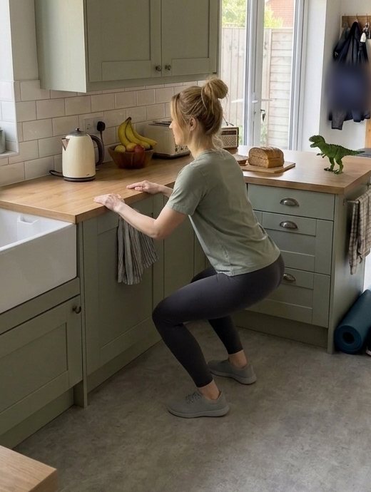 Claire doing a squat with her hands on the kitchen worktop