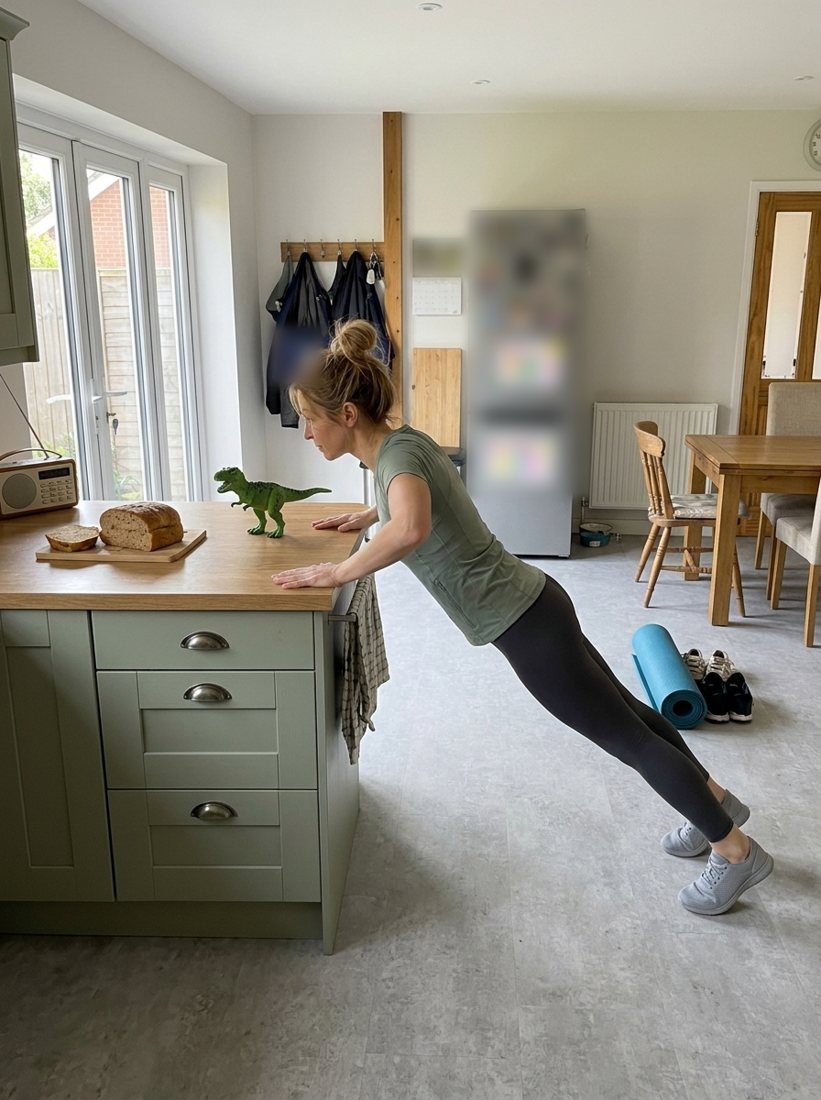Claire doing an incline push-up against the kitchen worktop